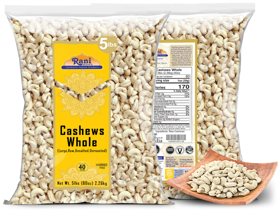 Rani Raw Cashews Whole (uncooked, unsalted) 80oz (5lbs) 2.27kg Bulk ~ All Natural, No Preservatives | Vegan | NON-GMO | Gluten Friendly