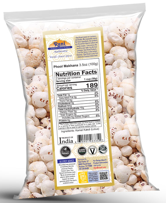 Rani Phool Makhana (Fox Nut / Popped Lotus Seed) 3.5oz (100g) ~ Plain Raw Uncooked | ~ All Natural | Vegan | No Colors | Gluten Friendly | NON-GMO | Kosher