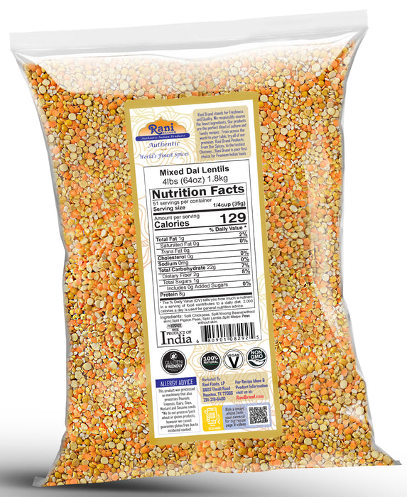 Rani Mixed Dal (Chana Dal, Moong Dal, Toor Dal, Masoor Dal, Urad Dal) 64oz (4lbs) 1.81kg Bulk ~ All Natural | Gluten Friendly | NON-GMO | Kosher | Vegan | Indian Origin