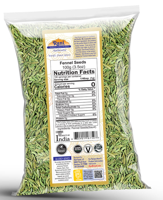 Rani Fennel Seeds (Saunf Sabut) Whole Spice 3.5oz (100g) All Natural ~ Gluten Friendly | NON-GMO | Kosher | Vegan | Indian Origin