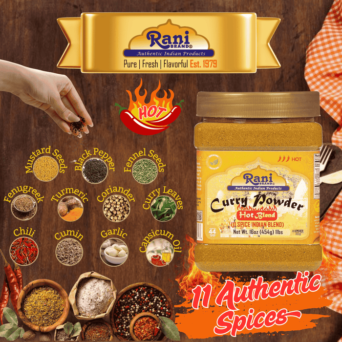 Rani Curry Powder Hot Natural 11-Spice Blend 16oz (1lb) 454g PET Jar ~ Salt Free | Vegan | Gluten Friendly | NON-GMO | Kosher | Indian Origin