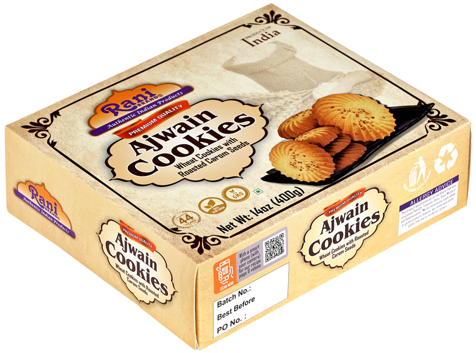 Rani Ajwain Cookies (Wheat Cookies with Roasted Carom Seeds) 14oz (400g) Pack of 3+1 FREE, Premium Quality Indian Cookies ~ All Natural | Vegan | Non-GMO | Indian Origin
