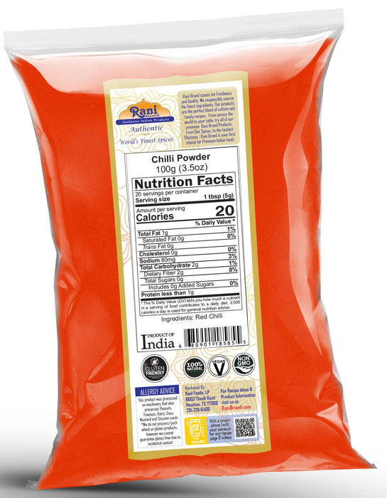Rani Chilli Powder (Mirchi) Ground Indian Spice 3.5oz (100g) ~ All Natural, Salt-Free | Vegan | No Colors | Gluten Friendly | NON-GMO | Kosher | Indian Origin