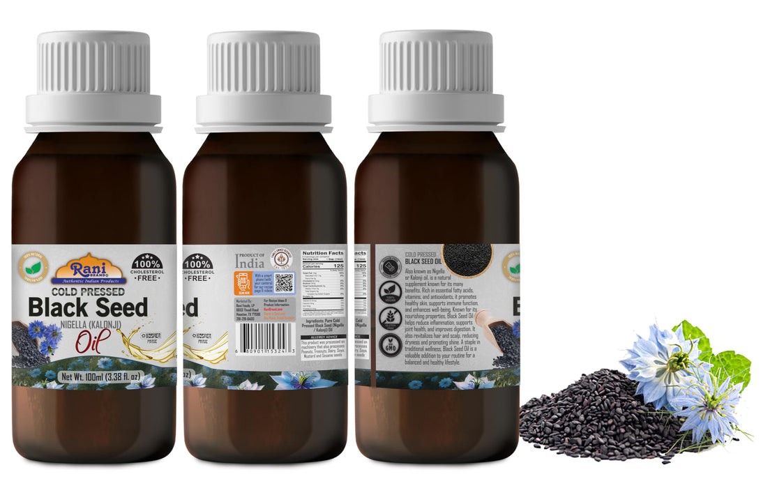 Rani Pure Black Seed (Nigella, Kalonji) Oil 3.38 Fl oz (100ml) Cold Pressed ~ 100% Cholesterol Free | All Natural | Gluten Free | NON-GMO | Kosher | Vegan | Indian Origin