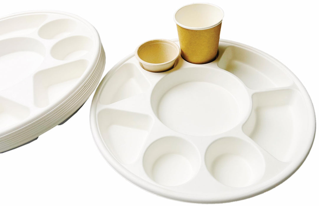 Rani Round Biodegradable Divided Plates, Pack of 200, 9 Compartments ~ Disposable & Eco-Friendly | 12.44" Diameter, 1.38" Thickness | Heavy-Duty and Sturdy Disposable Bagasse Plates | Premium Quality
