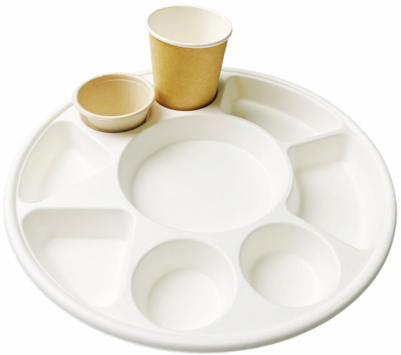 Rani Round Biodegradable Divided Plates, Pack of 200, 9 Compartments ~ Disposable & Eco-Friendly | 12.44" Diameter, 1.38" Thickness | Heavy-Duty and Sturdy Disposable Bagasse Plates | Premium Quality