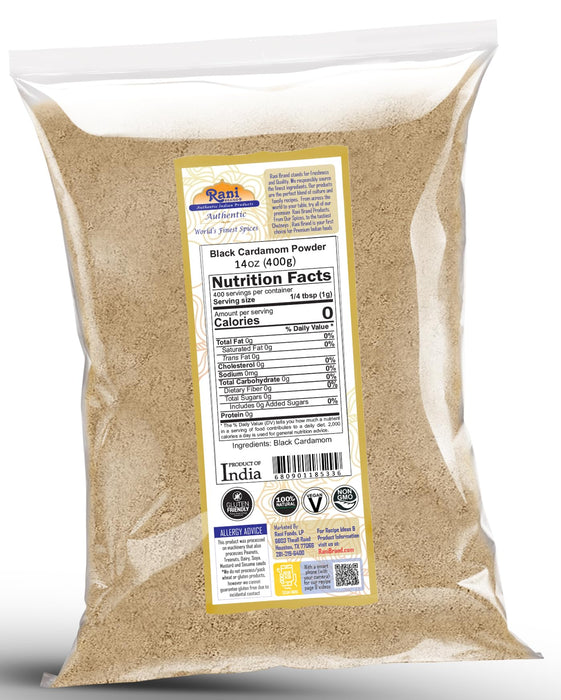 Rani Black Cardamom Powder (Kali Elachi) Indian Spice 14oz (400g) ~ All Natural | Vegan | Gluten Friendly | NON-GMO | Kosher | Indian Origin | Smokey, Tsaoko, Cao Guo, Bach Dan Khau, Badi