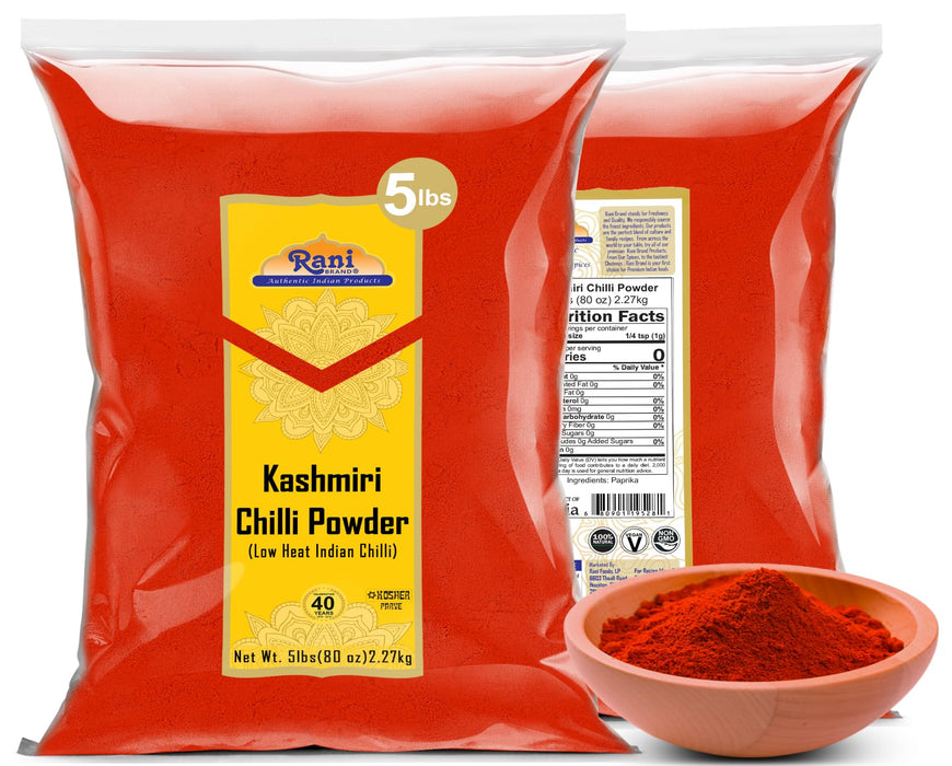 Rani Kashmiri Chilli Powder (Deggi Mirch, Low Heat) Ground Indian Spice 80oz (5lbs) 2.27kg ~ Natural | Salt-Free | Kosher | Vegan | Gluten Friendly | Perfect for Deviled Eggs & Other Low Heat Dishes