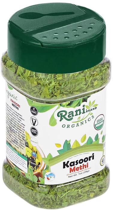 Rani Organic Fenugreek Leaves Dried (Kasoori Methi) 1oz (28g) PET Jar ~ All Natural | Vegan | Gluten Friendly | NON-GMO | Indian Origin | USDA Certified Organic