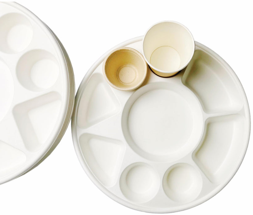 Rani Round Biodegradable Divided Plates, Pack of 200, 9 Compartments ~ Disposable & Eco-Friendly | 12.44" Diameter, 1.38" Thickness | Heavy-Duty and Sturdy Disposable Bagasse Plates | Premium Quality