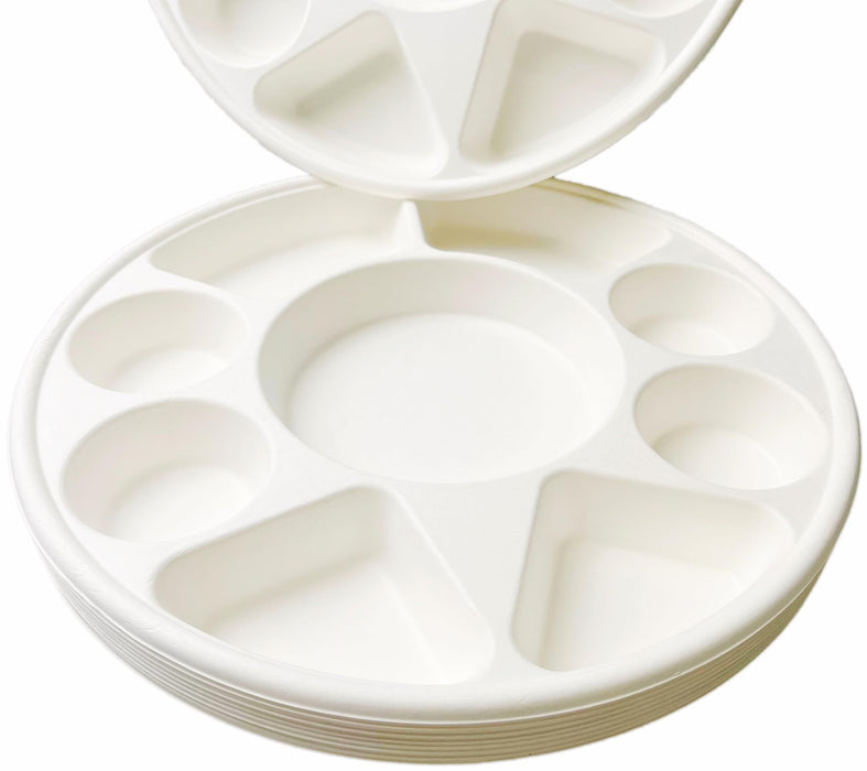 Rani Round Biodegradable Divided Plates, Pack of 200, 9 Compartments ~ Disposable & Eco-Friendly | 12.44" Diameter, 1.38" Thickness | Heavy-Duty and Sturdy Disposable Bagasse Plates | Premium Quality