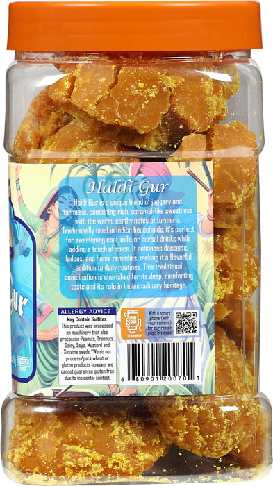 Rani Haldi Gur (Turmeric with Indian Jaggery) Indian Unrefined Raw Cane Sugar 35oz (2.2lbs) 1kg PET Jar ~ Gluten Friendly | Vegan | NON-GMO | Kosher | No Salt or fillers | Indian Product
