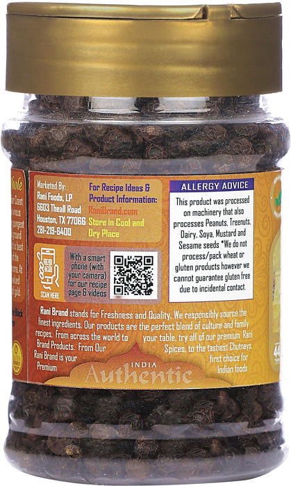 Rani Black Pepper Whole (Peppercorns), Premium MG-1 Grade 3oz (85g) PET Jar ~ All Natural | Gluten Friendly | Non-GMO | Kosher | Perfect size for Grinders!