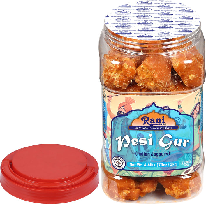 Rani Pesi Gur (Jaggery) Indian Unrefined Raw Cane Sugar 70oz (4.4lbs) 2kg PET Jar ~ Gluten Friendly | Vegan | NON-GMO | Kosher | No Salt or fillers | Indian Product