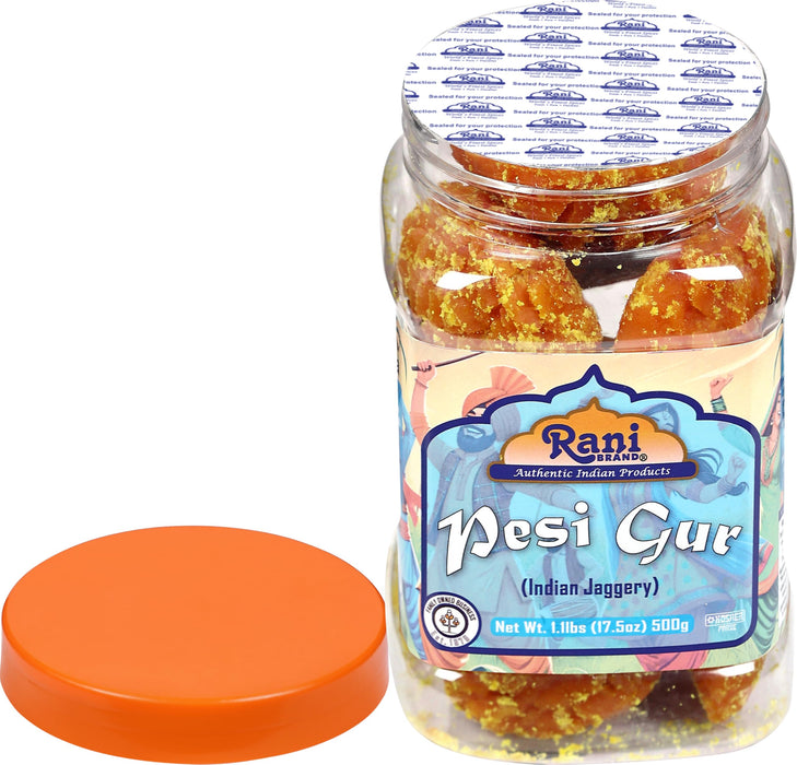 Rani Pesi Gur (Jaggery) Indian Unrefined Raw Cane Sugar 17.5oz (1.1lbs) 500g PET Jar ~ Gluten Friendly | Vegan | NON-GMO | Kosher | No Salt or fillers | Indian Product