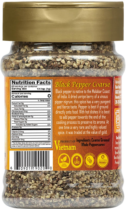 Rani Black Pepper Coarse Ground 28 Mesh (Table Grind), 3oz (85g) PET Jar ~ Gluten Friendly, Non-GMO, All Natural | Kosher