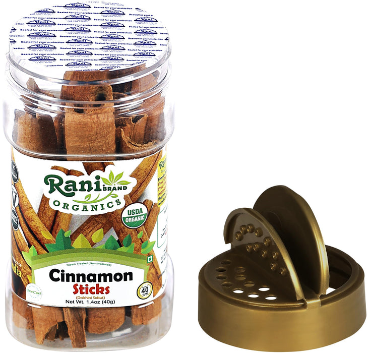 Rani Organic Cinnamon Sticks 1.4oz (40g) PET Jar - 7-9 Sticks - Strong Aroma, Perfect for Baking, Cooking & Beverages | 3+ Inches Length - Cassia Saigon Cinnamon from Vietnam | Kosher