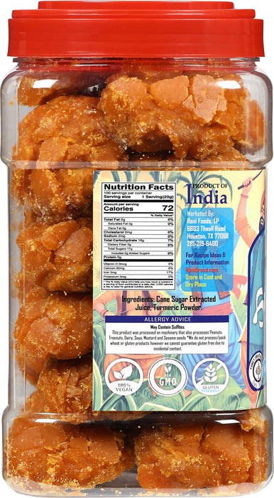 Rani Haldi Gur (Turmeric with Indian Jaggery) Indian Unrefined Raw Cane Sugar 70oz (4.4lbs) 2kg PET Jar ~ Gluten Friendly | Vegan | NON-GMO | Kosher | No Salt or fillers | Indian Product