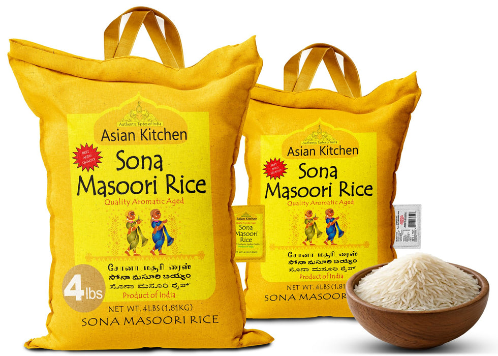 Asian Kitchen White Sona Masoori Aged Rice 4lbs (1.81kg) Short Grain Rice ~ All Natural | Gluten Friendly | Vegan | Indian Origin | Export Quality