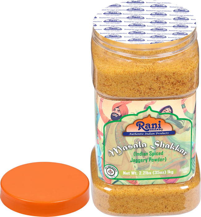 Rani Masala Shakkar (Indian Spiced Jaggery Powder) Unrefined Raw Cane Sugar 35oz (2.2lbs) 1kg PET Jar ~ Gluten Friendly | Vegan | NON-GMO | Kosher | No Salt or fillers | Indian Product