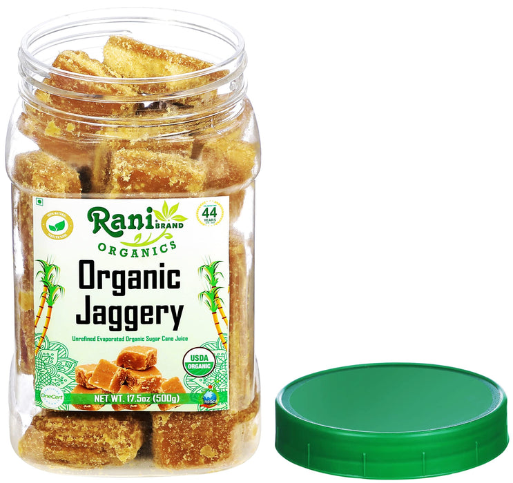 Rani Organic Jaggery (Unrefined Evaporated Organic Sugar Cane Juice) 17.5oz (1.1lbs) 500g PET Jar ~ Gluten Friendly | Vegan | NON-GMO | No Salt or fillers | Indian Product | USDA Certified Organic