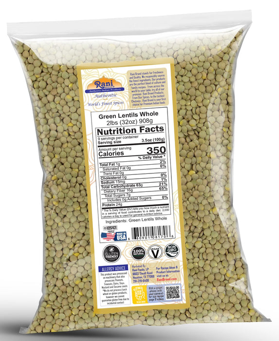 Rani Masoor Whole (Green Lentils Whole With Skin) 32oz (2lbs) 908g ~ All Natural | Vegan | Gluten Friendly | Non-GMO | Kosher | Product of USA
