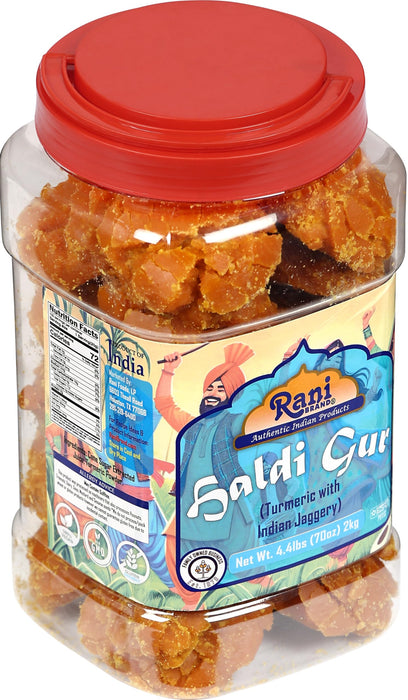 Rani Haldi Gur (Turmeric with Indian Jaggery) Indian Unrefined Raw Cane Sugar 70oz (4.4lbs) 2kg PET Jar ~ Gluten Friendly | Vegan | NON-GMO | Kosher | No Salt or fillers | Indian Product
