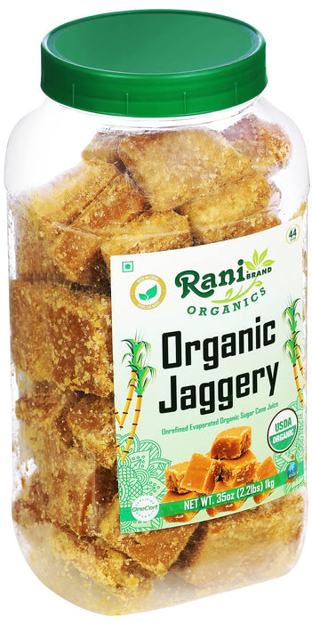 Rani Organic Jaggery (Unrefined Evaporated Organic Sugar Cane Juice) 35oz (2.2lbs) 1kg PET Jar ~ Gluten Friendly | Vegan | NON-GMO | No Salt or fillers | Indian Product | USDA Certified Organic