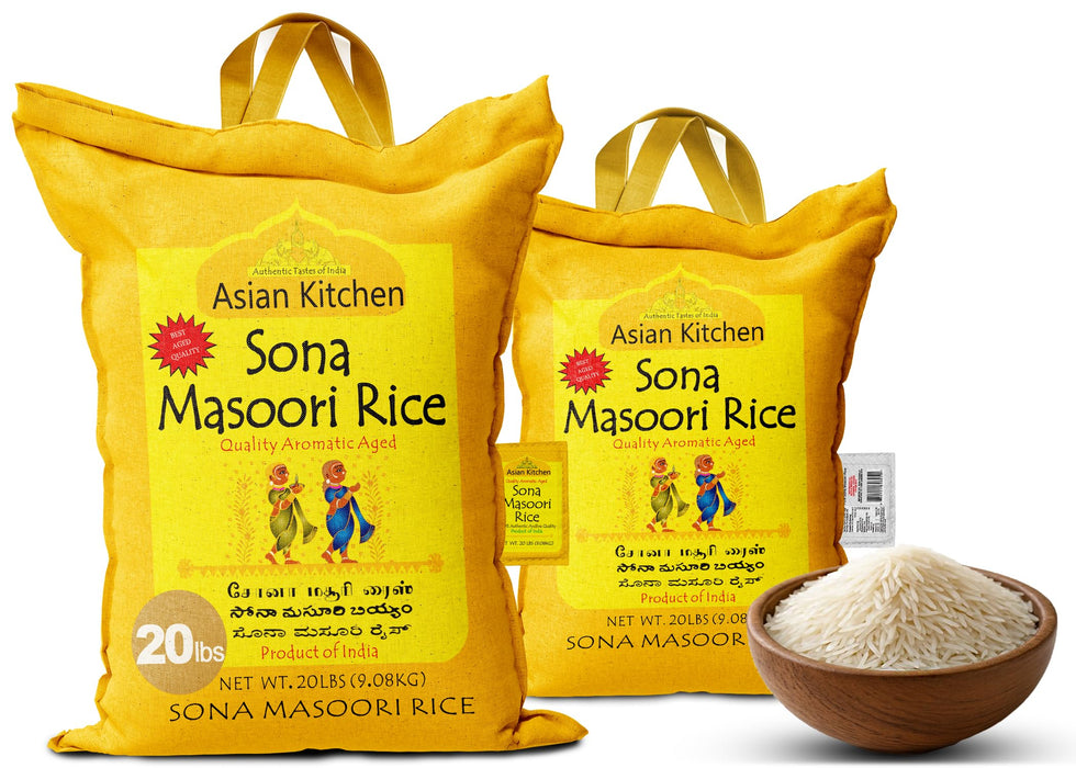 Asian Kitchen White Sona Masoori Aged Rice 20lbs (9.08kg) Short Grain Rice ~ All Natural | Gluten Friendly | Vegan | Indian Origin | Export Quality