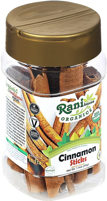 Rani Organic Cinnamon Sticks 1.4oz (40g) PET Jar - 7-9 Sticks - Strong Aroma, Perfect for Baking, Cooking & Beverages | 3+ Inches Length - Cassia Saigon Cinnamon from Vietnam | Kosher