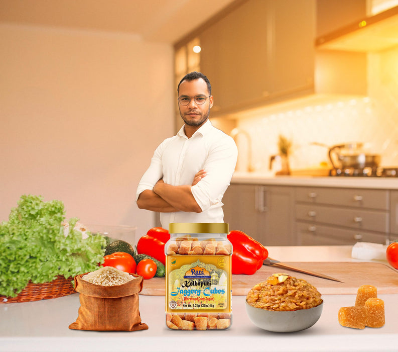 Rani Kolhapuri Jaggery Cubes (Unrefined Cane Sugar) 35oz (2.2bs) 1kg PET Jar ~ All Natural, No Color added, Gluten Friendly | Vegan | NON-GMO | Kosher | No Salt or fillers