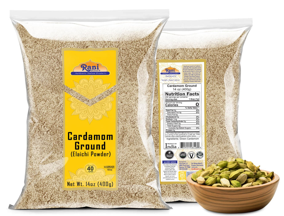 Rani Cardamom (Elachi) Ground, Powder Indian Spice 14oz (400g) ~ All Natural | No Color Added | Gluten Friendly | Vegan | NON-GMO | Kosher | No Salt or Fillers