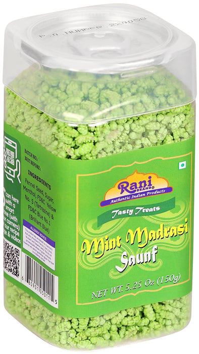 Rani Mint Madrasi Saunf 5.25oz (150g) Vacuum Sealed, Easy Open Top, Resealable Container ~ Indian Tasty Treats | Vegan | Gluten Friendly | NON-GMO | Indian Origin