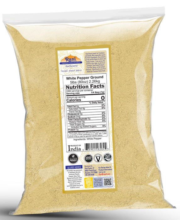 Rani White Pepper (Gol Mirch), Ground Spice 80oz (5lbs) 2.27kg Bulk ~ All Natural | Vegan | Gluten Friendly | NON-GMO | Kosher | Indian Origin