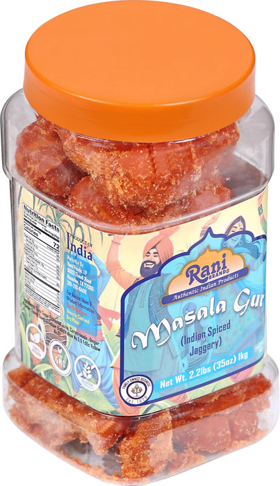 Rani Masala Gur (Jaggery) Indian Unrefined Raw Cane Sugar 35oz (2.2lbs) 1kg PET Jar ~ Gluten Friendly | Vegan | NON-GMO | Kosher | Indian Product