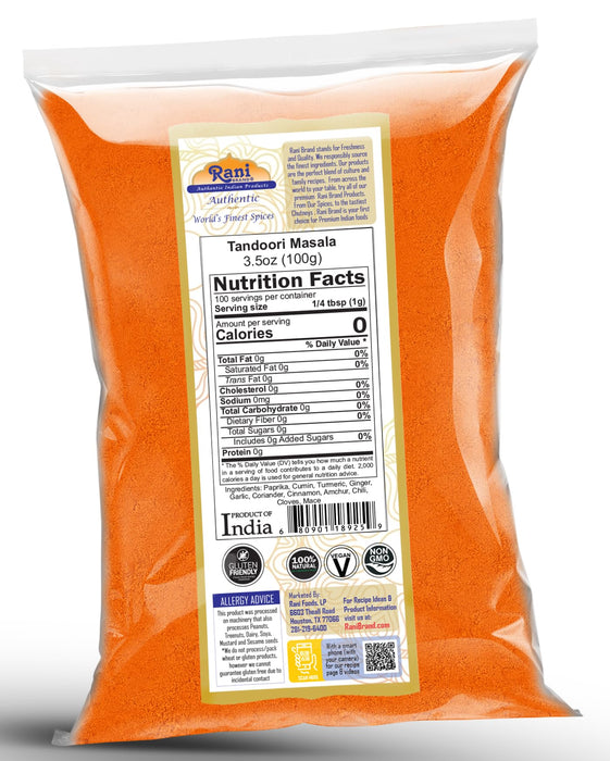 Rani Tandoori Masala (Natural, No Colors Added) Indian 11-Spice Blend 3.5oz (100g) ~ Salt Free | Vegan | Gluten Friendly | NON-GMO | Kosher | Indian Origin