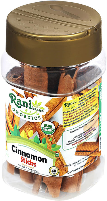 Rani Organic Cinnamon Sticks 1.4oz (40g) PET Jar - 7-9 Sticks - Strong Aroma, Perfect for Baking, Cooking & Beverages | 3+ Inches Length - Cassia Saigon Cinnamon from Vietnam | Kosher