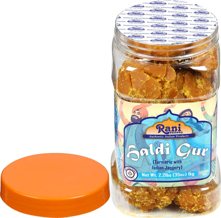 Rani Haldi Gur (Turmeric with Indian Jaggery) Indian Unrefined Raw Cane Sugar 35oz (2.2lbs) 1kg PET Jar ~ Gluten Friendly | Vegan | NON-GMO | Kosher | No Salt or fillers | Indian Product