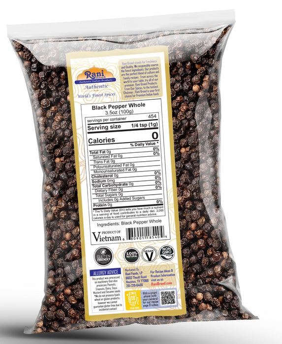 Rani Black Pepper Whole (Peppercorns), Premium MG-1 Grade 3.5oz (100g) ~ Gluten Free Ingredients | Non-GMO | Kosher | Natural | Perfect size for Grinders!