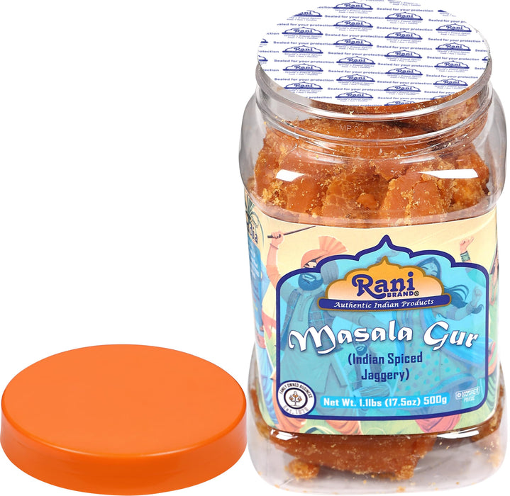 Rani Masala Gur (Jaggery) Indian Unrefined Raw Cane Sugar 17.5oz (1.1lbs) 500g PET Jar ~ Gluten Friendly | Vegan | NON-GMO | Kosher | No Salt or fillers