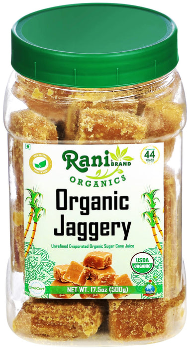 Rani Organic Jaggery (Unrefined Evaporated Organic Sugar Cane Juice) 17.5oz (1.1lbs) 500g PET Jar ~ Gluten Friendly | Vegan | NON-GMO | No Salt or fillers | Indian Product | USDA Certified Organic