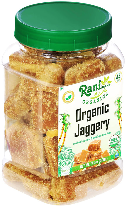 Rani Organic Jaggery (Unrefined Evaporated Organic Sugar Cane Juice) 17.5oz (1.1lbs) 500g PET Jar ~ Gluten Friendly | Vegan | NON-GMO | No Salt or fillers | Indian Product | USDA Certified Organic