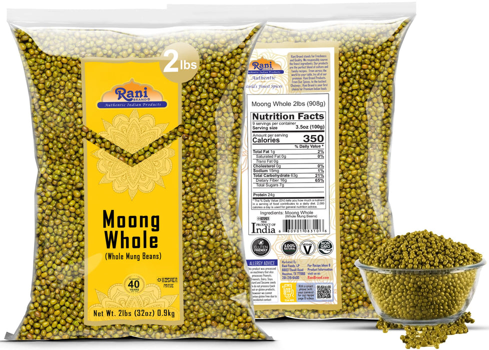 Rani Moong Whole (Ideal for cooking & sprouting, Whole Mung Beans with skin) Lentils Indian 32oz (2lbs) 908g ~ All Natural | Gluten Friendly | Non-GMO | Kosher | Vegan | Indian Origin
