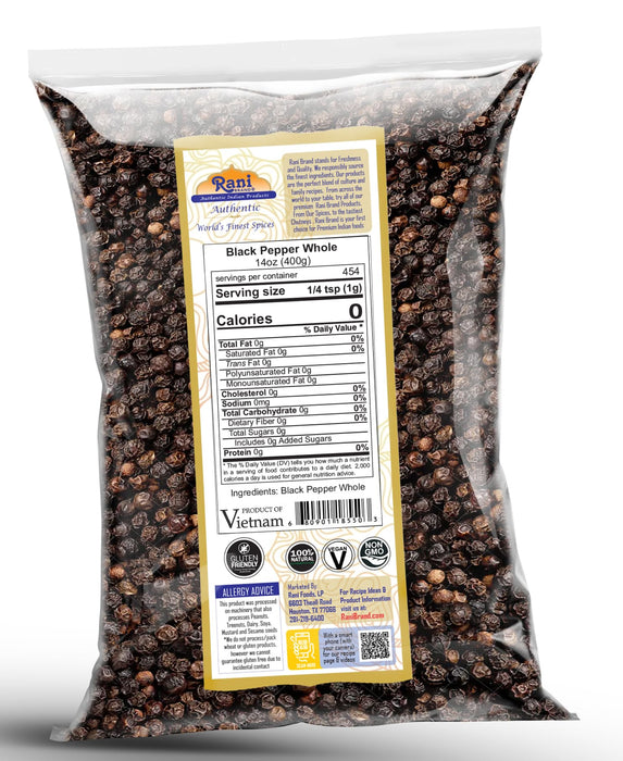 Rani Black Pepper Whole (Peppercorns), MG-1 Grade 14oz (400g) ~ Gluten Friendly | Non-GMO | Kosher | Natural | Perfect size for Grinders!