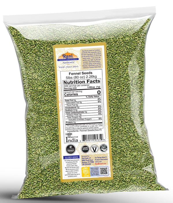 Rani Fennel (Saunf) Seeds Whole, Indian Spice 80oz (5lbs) 2.26kg ~ All Natural | Gluten Friendly | NON-GMO | Kosher | Vegan | Indian Origin