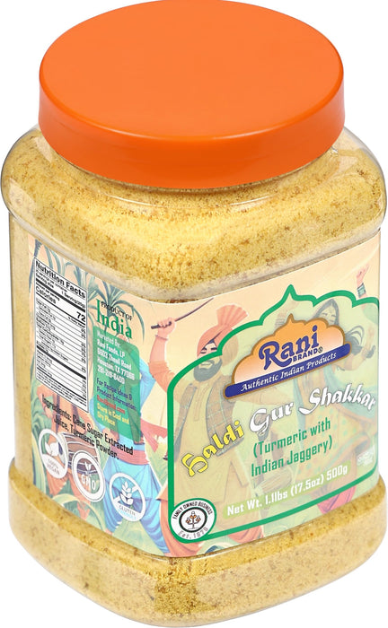 Rani Haldi Gur Shakkar (Turmeric with Indian Jaggery) Indian Unrefined Raw Cane Sugar 17.5oz (1.1lbs) 500g PET Jar ~ Gluten Friendly | Vegan | NON-GMO | Kosher | No Salt or fillers | Indian Product