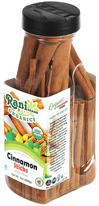 Rani Organic Cinnamon Sticks 7oz (200g) PET Jar - 36-44 Sticks - Strong Aroma, Perfect for Baking, Cooking & Beverages | 3+ Inches Length - Cassia Saigon Cinnamon from Vietnam | Kosher