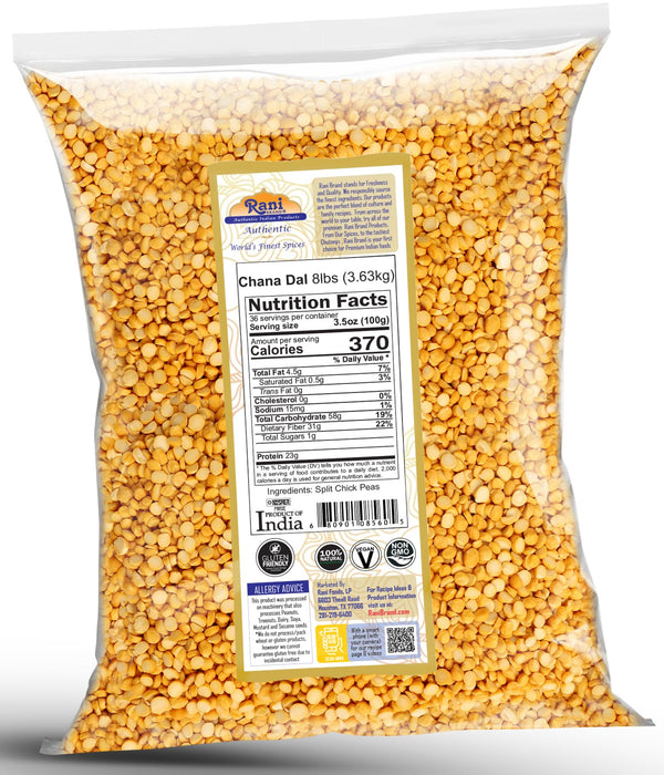 Rani Chana Dal (Split Desi Chickpeas without skin) 128oz (8lbs) 3.63kg, Bulk ~ Natural | Gluten Friendly | NON-GMO | Kosher | Vegan