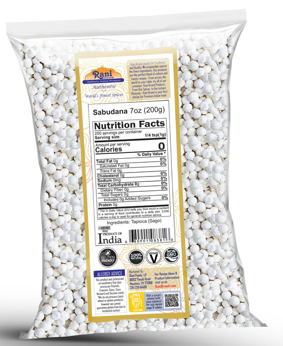 Rani Sabudana (Tapioca / Sago) Pearls 7oz (200g) ~ All Natural | Vegan | No Colors | NON-GMO | Kosher | Indian Origin