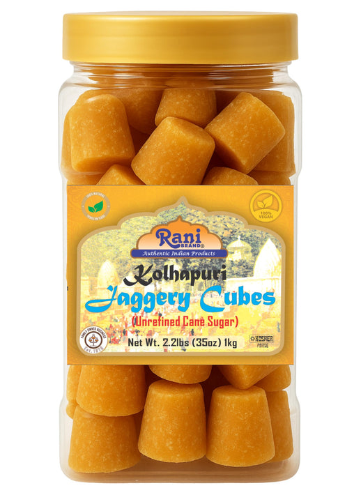 Rani Kolhapuri Jaggery Cubes (Unrefined Cane Sugar) 35oz (2.2bs) 1kg PET Jar ~ All Natural, No Color added, Gluten Friendly | Vegan | NON-GMO | Kosher | No Salt or fillers
